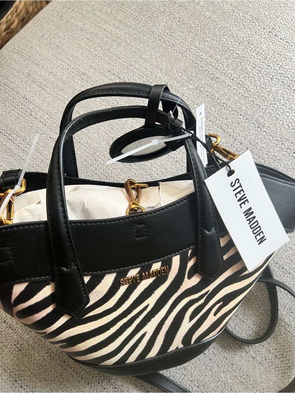 Steve Madden Black and Cream Zebra Satchel with Gold Hardware